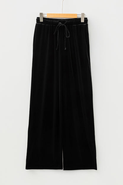 Black Shiny Velvet Drawstring High Waist Straight Leg Casual Pants