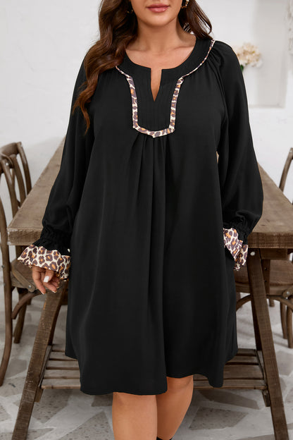 Black Plus Size Notched Neck Leopard Trim Flounce Long Sleeve Shift Dress