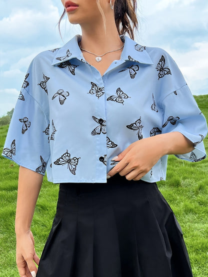 Elegant Spring-to-Fall Butterfly Print Blouse: Chic Contrast Collar, Durable & Easy-Care Top for Women