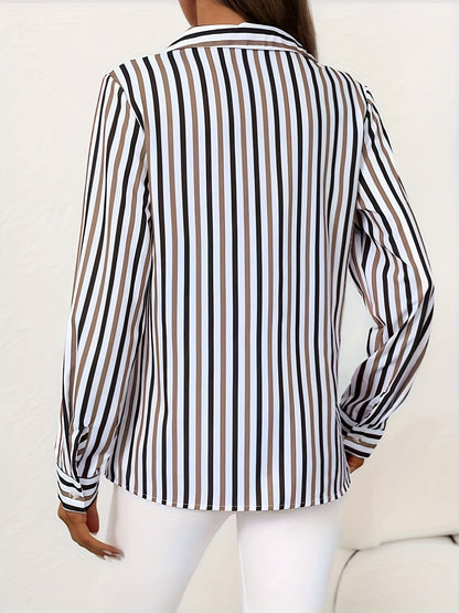 Women's Black & White Striped Long Sleeve Single-Breasted Casual Shirt - Elegant Middle Eastern-Inspired Button-Up Blouse with Classic Collar, Machine Washable Non-See-Through Fabric for Spring Summer Fall, Long Sleeve Blouse