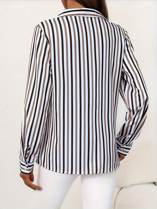Women's Black & White Striped Long Sleeve Single-Breasted Casual Shirt - Elegant Middle Eastern-Inspired Button-Up Blouse with Classic Collar, Machine Washable Non-See-Through Fabric for Spring Summer Fall, Long Sleeve Blouse