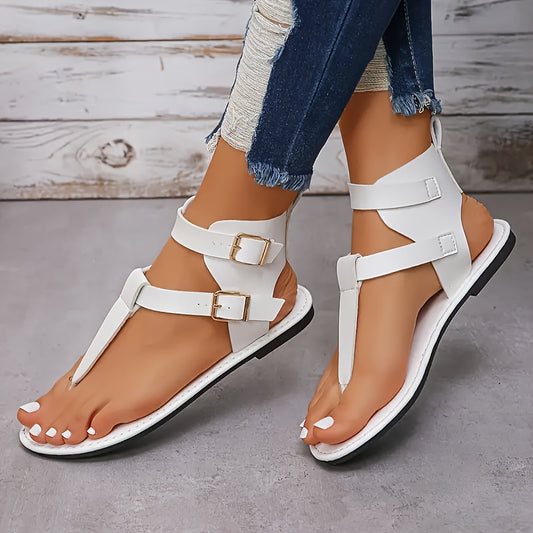 Women's Solid Color Thong Sandals, Buckle Belts Soft Sole Lightweight Casual Shoes, Non-slip Summer Beach Shoes