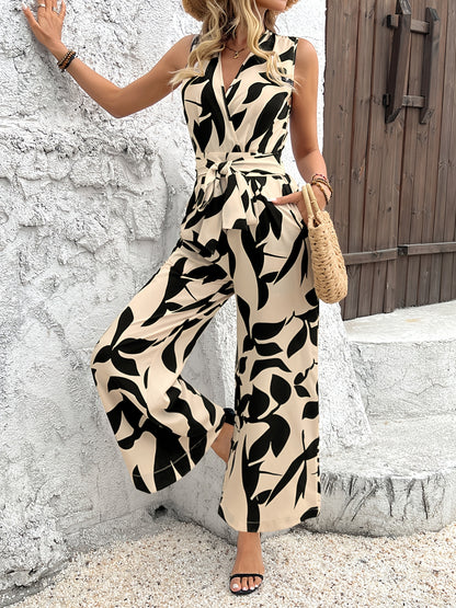 Women'S Elegant Sleeveless Jumpsuit, Summer Floral Print, Polyester 100%, Criss Cross Neck, Belt Detail, Woven Fabric, 120g/m², Yellow and Black Flower Pattern, Wide Leg Pants
