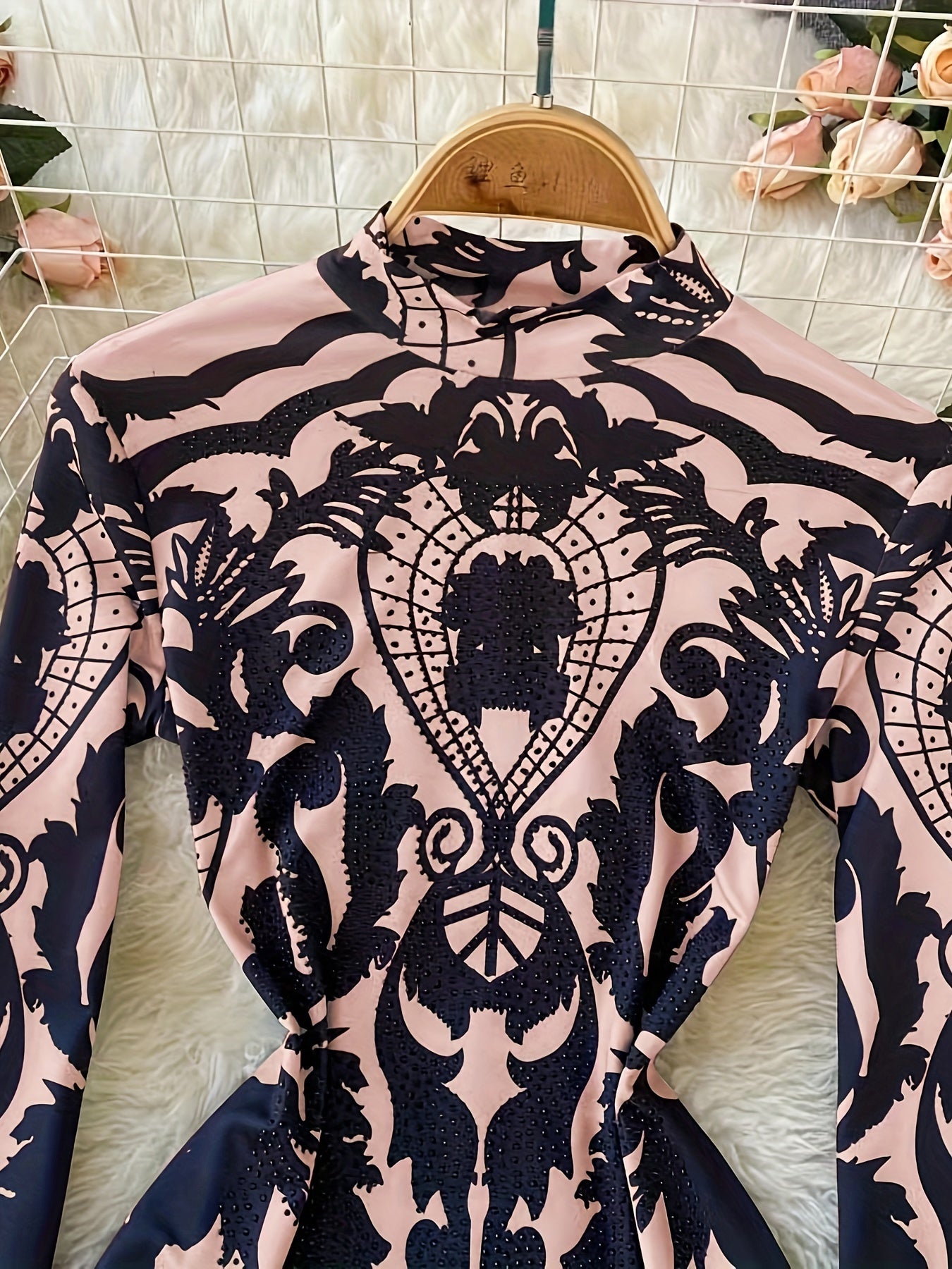 Women'S Tropical Print Bodysuit with Rhinestone Detail - Slim Fit, Stand Collar, Long Sleeve, All-Season Versatile Jumpsuit for Casual or Stylish Outfits, Stylish Outfit Bodysuit | Stand Collar Top | Polyester Fabric, Bodysui