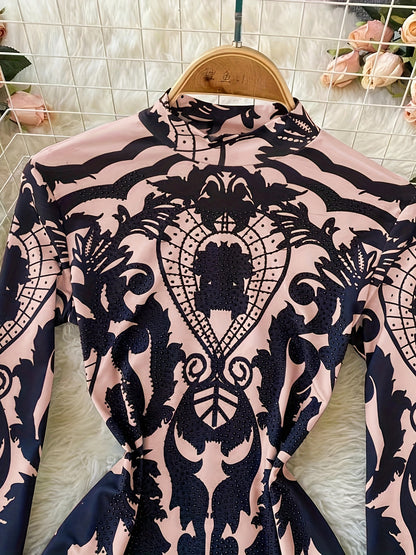 Women'S Tropical Print Bodysuit with Rhinestone Detail - Slim Fit, Stand Collar, Long Sleeve, All-Season Versatile Jumpsuit for Casual or Stylish Outfits, Stylish Outfit Bodysuit | Stand Collar Top | Polyester Fabric, Bodysui