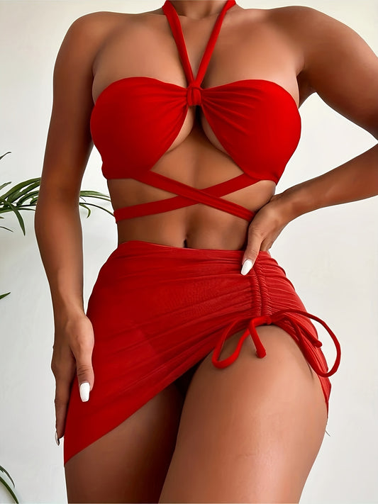 Solid Color Sexy 3 2 Piece Set Bikini, Halter Neck High Cut With Drawstring Cover Up Skirt Swimsuits, Women's Swimwear & Clothing