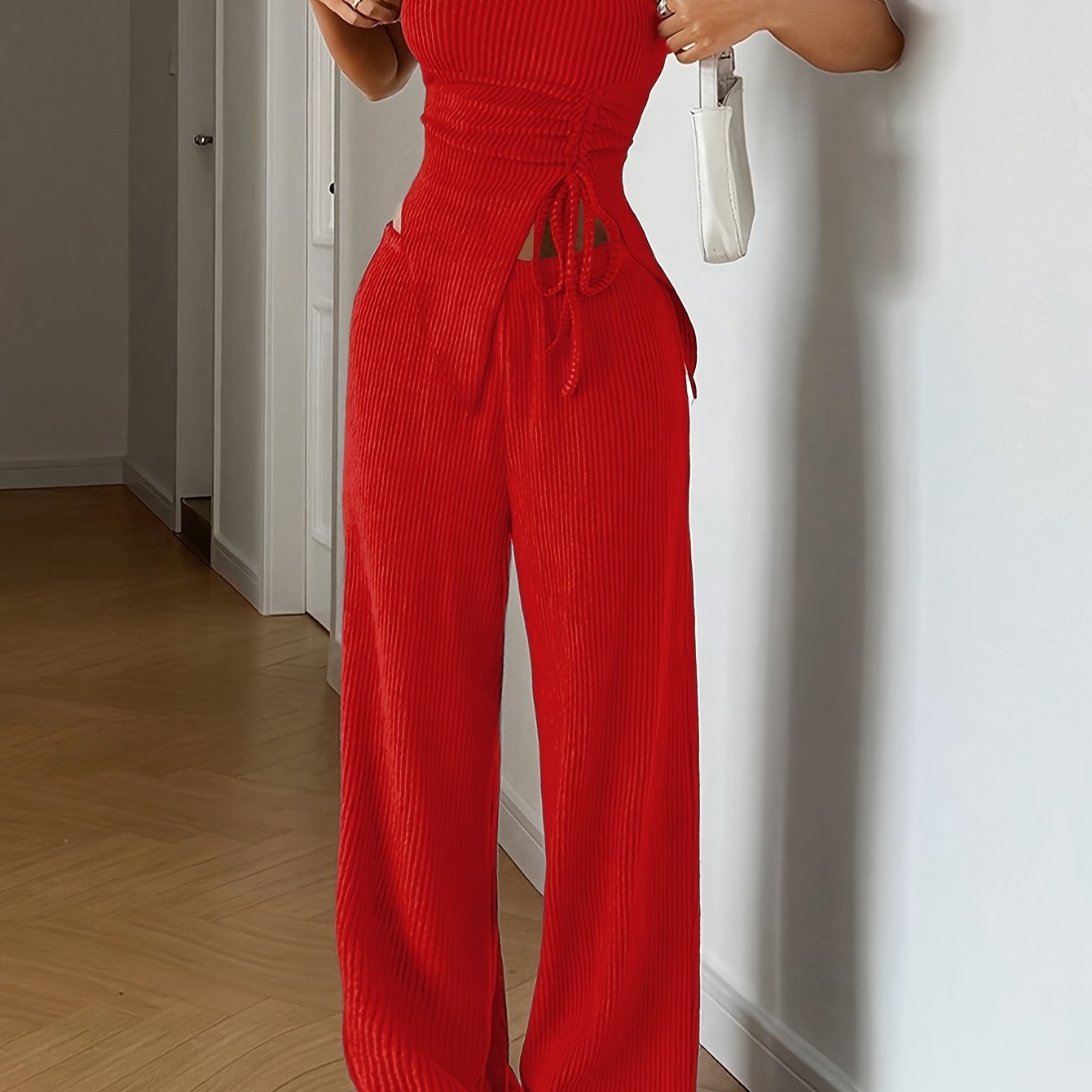 Women's Summer Fashion Outfit - Solid Color Crop Top and Pants, Side Drawstring, Comfortable for Casual Wear