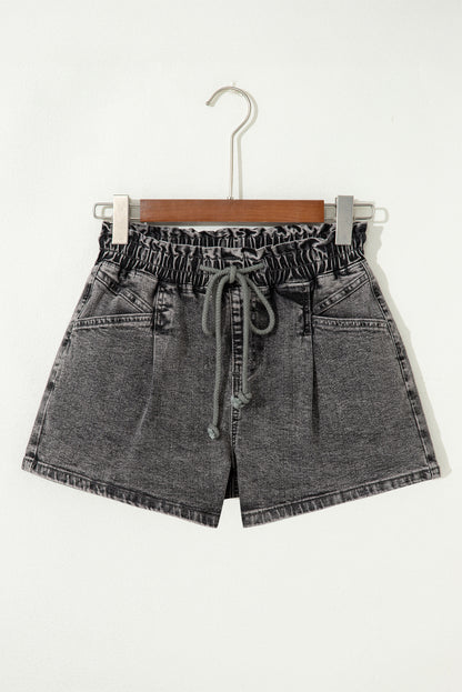High Drawstring Elastic Waistband Casual Denim Shorts with Pockets