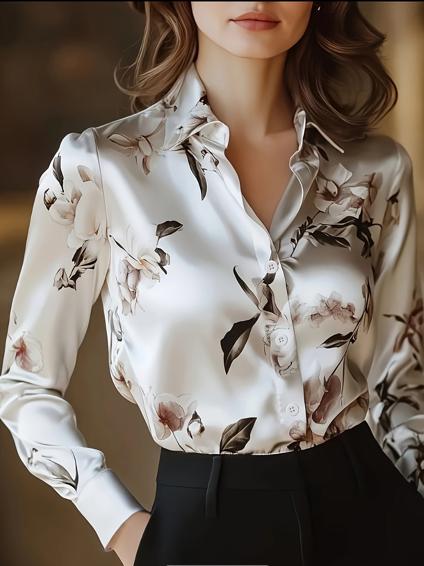 Women's Elegant Floral Print Long Sleeve Shirt - Soft Collar Blouse with Button Front, Machine Washable H-Silhouette Top for Autumn/Winter, Casual & Professional Outfits, Autumn Fashion, Easy Care, Buttonup Shirt, Stylish Wom