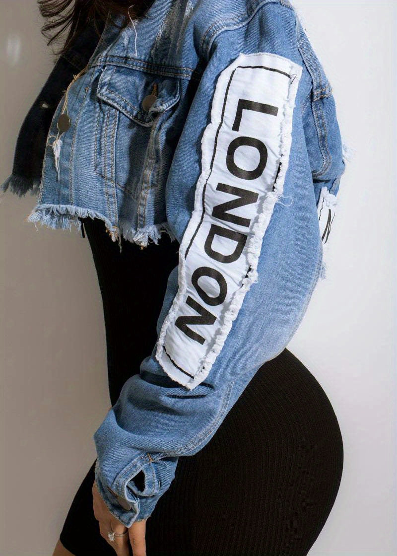 Blue Letter Print Cropped Denim Jackets, Long Sleeves Raw Hem Personality Lapel Denim Coats, Women's Denim Clothing