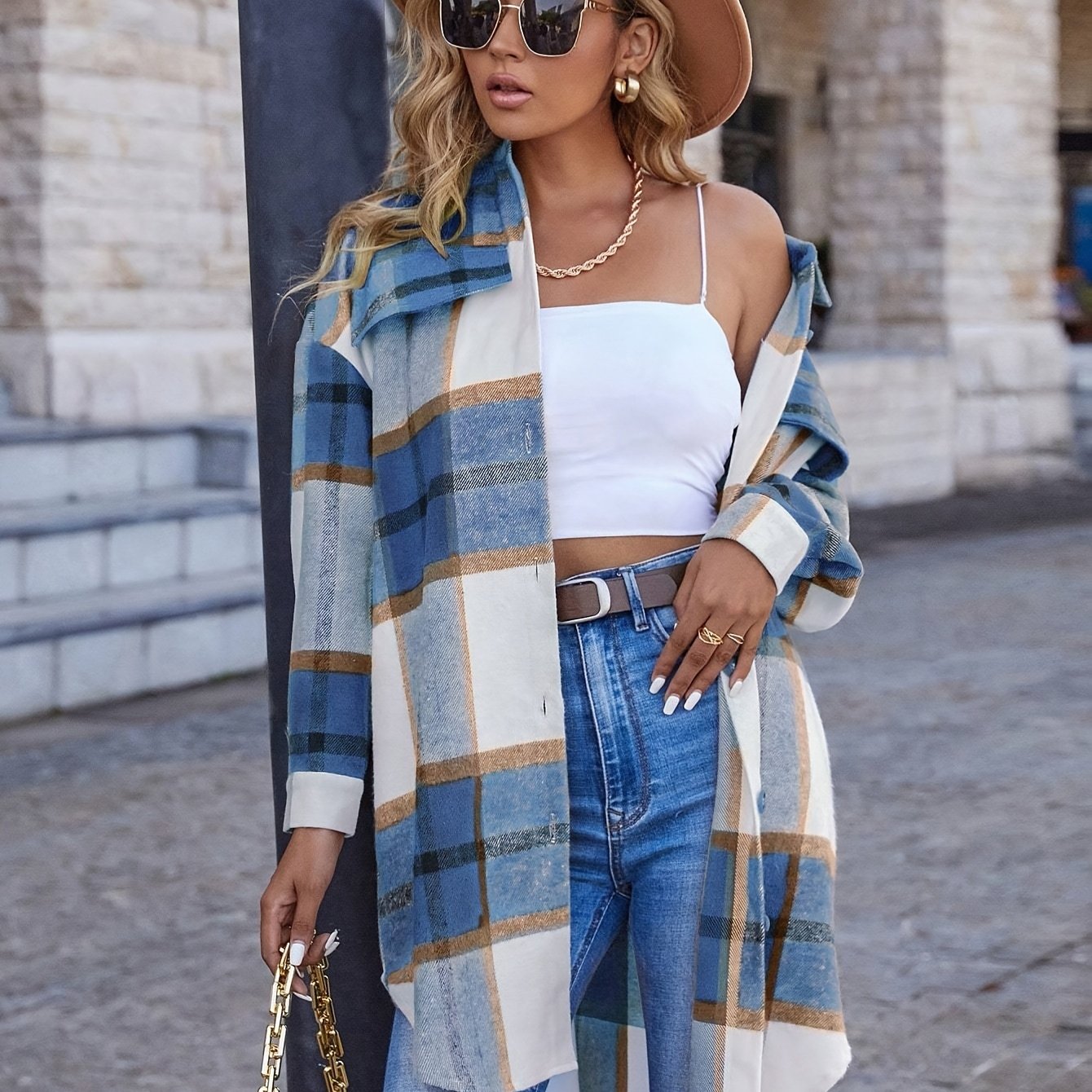 1pc Women'S Casual Plaid Lapel Long Sleeve Jacket - Polyester Woven Shirt-Style Outerwear with Button Details for All Seasons