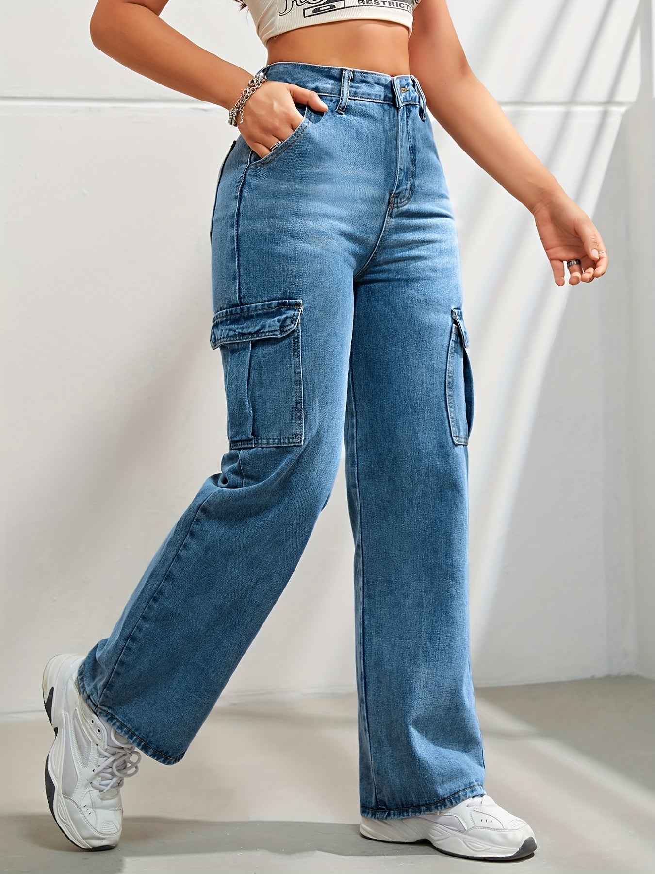 Side Flap Pocket High Waist Denim Cargo Pants, Light Washed Casual Slash Pocket Cargo Jeans, Kpop Y2K, Women's Denim Jeans & Clothing