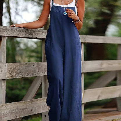 Solid Spaghetti Wide Leg Jumpsuit, Casual Sleeveless Versatile Jumpsuit, Women's Clothing
