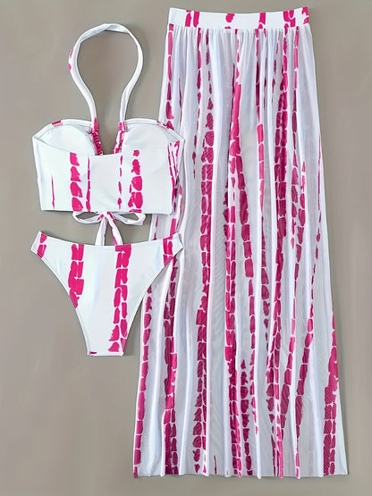 3 Piece Elegant Striped Print Crisscross Tie Strap Halter Bikini Rash Guard Set - Women's Swimwear with Split Side Cover Up Skirt and Flattering Fit - Perfect for Beach and Pool Activities