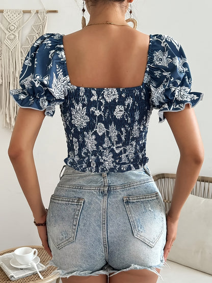 Floral Print Sweetheart Neck Blouse, Elegant Short Puff Sleeve Hanky Hem Shirred Crop Top For Spring & Summer, Women's Clothing