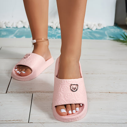 [Comfortable Slippers] Comfortable Non-Slip EVA Women's Slippers | Thick-Soled Bear Design - Pink, Indoor/Outdoor Sandals for Beach and Home Use