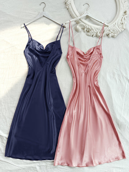 2 Pcs Women's Elegant Solid Satin Sleepwear Dress, Turtleneck Side Split Backless Midi Slip Dress, Comfortable Nightgown