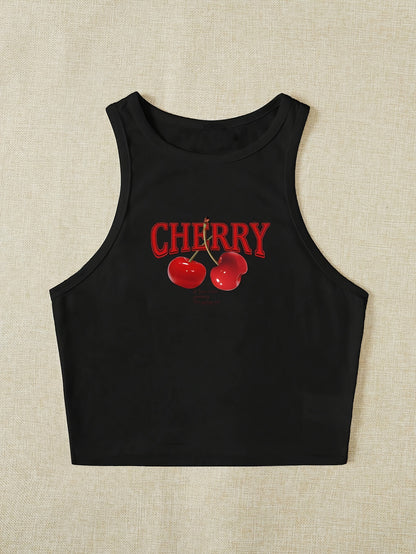 Vibrant Cherry Print Crew Neck Tank Top - Elegant Geometric Pattern, Mid Elasticity, Semi-Sheer, Polyester Knit Fabric, Perfect for Spring & Summer, Womens Casual Sleeveless Crop Top for Everyday Wear
