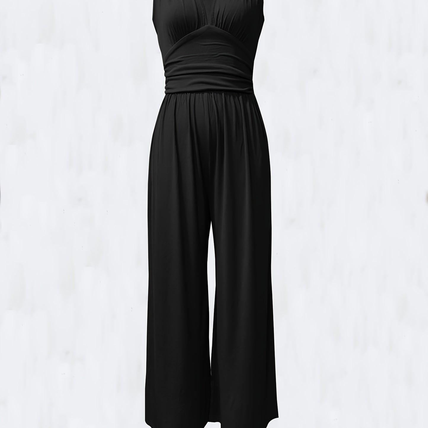 Women's Sleeveless Deep V-Neck Ruched Wide-Leg Jumpsuit - Olive Green Textured Stretch Fabric, Machine Washable Elegant Spring/Summer Casual & Formal Outfit, Ladies Rompers And Jumpsuits, Versatile Clothing, Flowing Silhouett