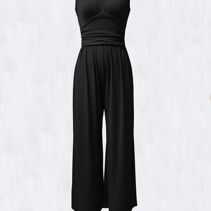 Women's Sleeveless Deep V-Neck Ruched Wide-Leg Jumpsuit - Olive Green Textured Stretch Fabric, Machine Washable Elegant Spring/Summer Casual & Formal Outfit, Ladies Rompers And Jumpsuits, Versatile Clothing, Flowing Silhouett