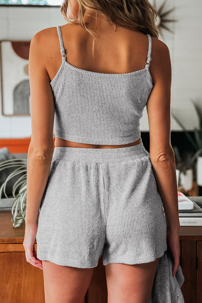 Light Grey 3 Pieces Rib Crop Camisole Matching Shorts Lounge Set with Cardigan