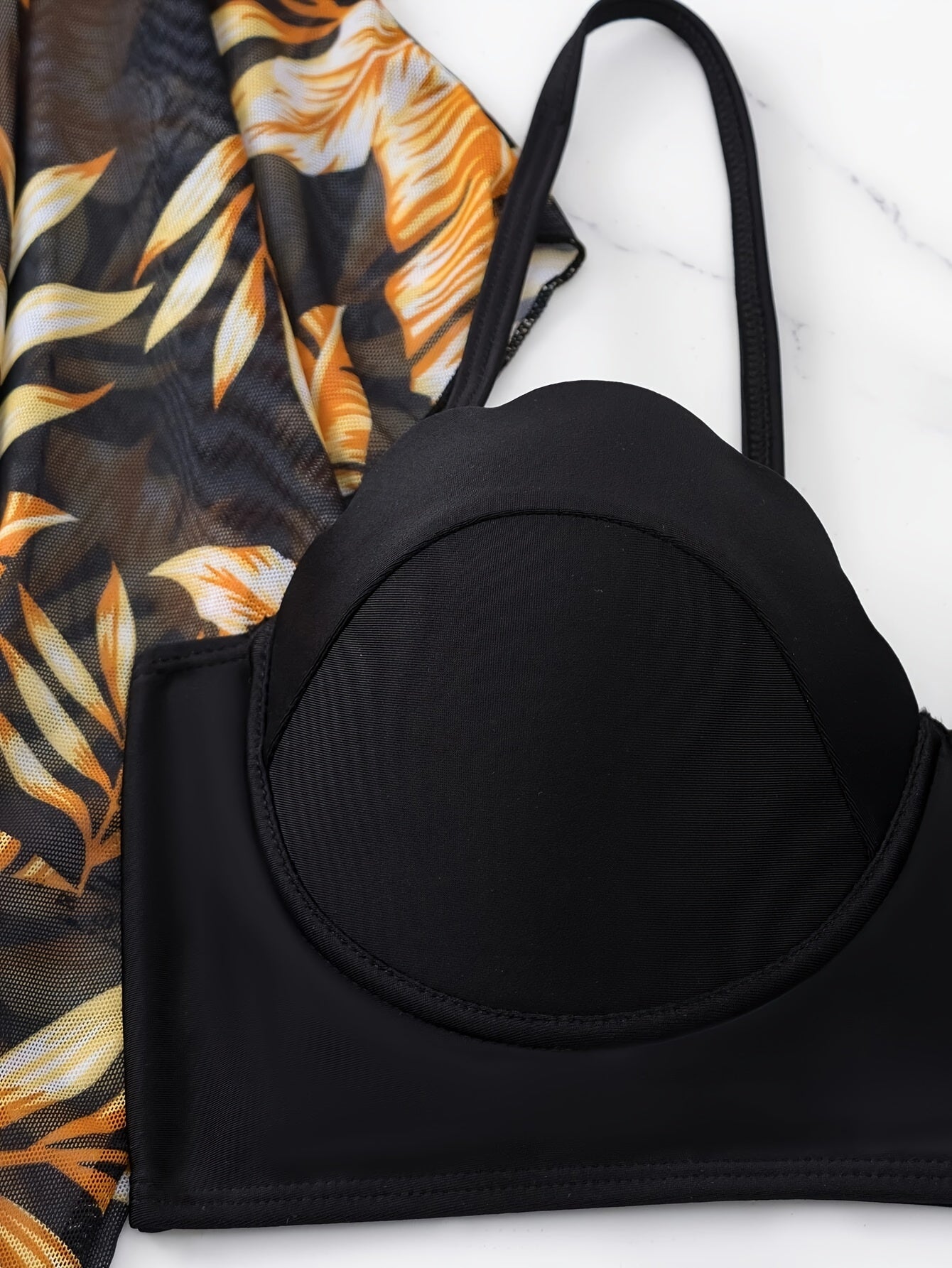 3 Piece Tropical Print High Waist Bikini Set - Off the Shoulder, High Stretch, Semi-Sheer, Polyester Fabric, Random Printing, Knit Swimsuits for Women - Perfect for Swimming and Beach Activities