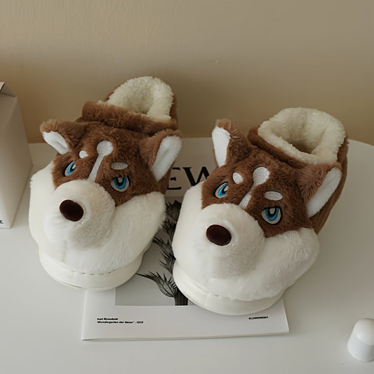 [Cozy Husky Slippers] Warm, Soft Cozy Husky Plush Slippers for Men and Women | Non-Slip Indoor/Outdoor Winter Shoes with Thick Sole, Cute Cartoon Design, Perfect for Casual Wear