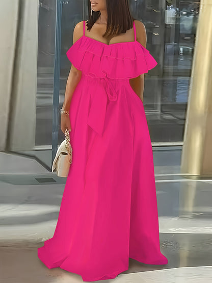 Vibrant Ruffle Trim Cami Dress - Sleeveless, Tie-Waist, Maxi Length, Flowy, Feminine, Summer Essential for Women - Perfect for Outdoor, Party, and Daily Wear