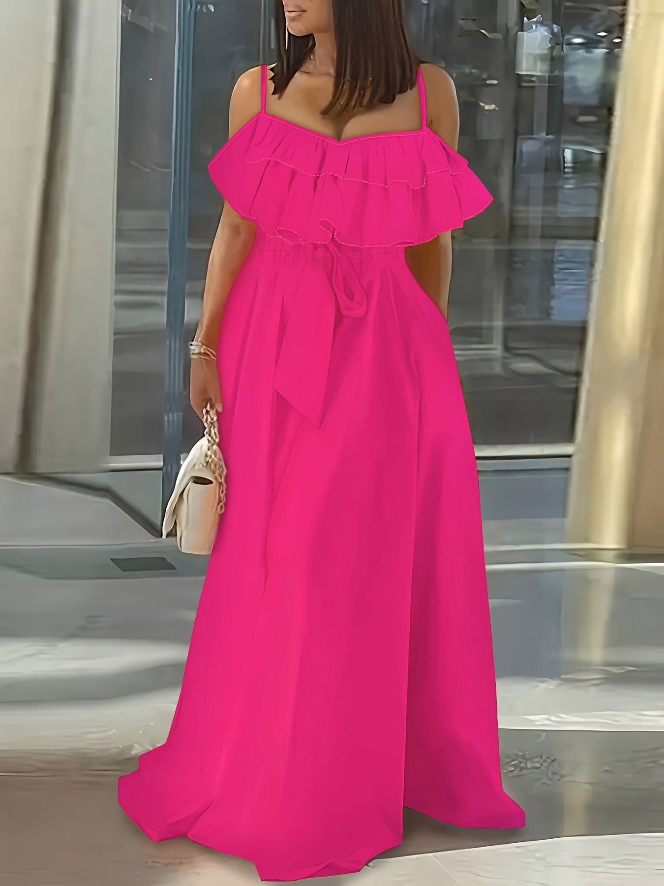 Vibrant Ruffle Trim Cami Dress - Sleeveless, Tie-Waist, Maxi Length, Flowy, Feminine, Summer Essential for Women - Perfect for Outdoor, Party, and Daily Wear