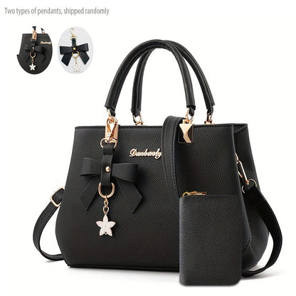 Chic Bow Decor Crossbody Bag for Women - Versatile Top Handle Satchel with Coin Purse, Adjustable Strap, and Zip Closure - Available in Khaki, Dark Pink, Light Blue, Black - Synthetic Material with Acrylic Lining, Cute Handba