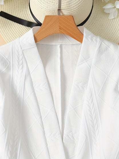 Textured Beaded Button V-neck Jacket, Elegant Long Sleeve Ruffle Hem Outwear For Spring & Fall, Women's Clothing