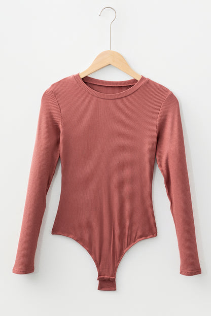 Mineral Red Ribbed Long Sleeve Crew Neck Solid Color Bodysuit