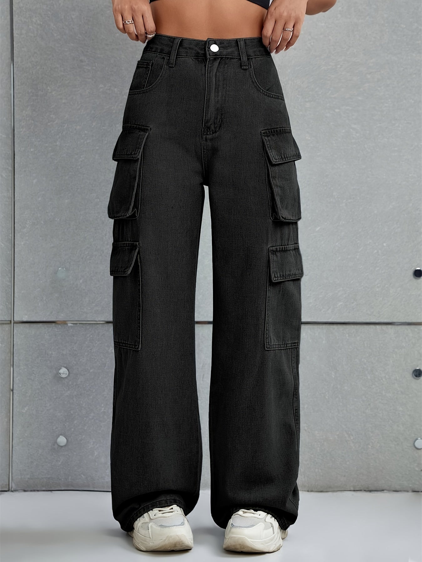 Plain Flap Pockets Cargo Pants, Loose Fit Non-Stretch Y2K & Kpop Style Straight Jeans, Women's Denim Jeans & Clothing