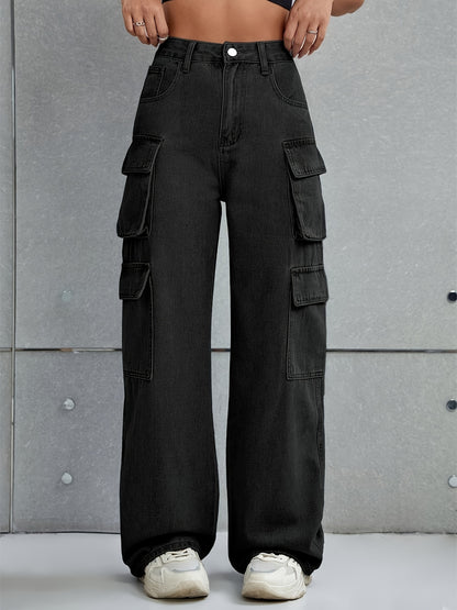 Plain Flap Pockets Cargo Pants, Loose Fit Non-Stretch Y2K & Kpop Style Straight Jeans, Women's Denim Jeans & Clothing
