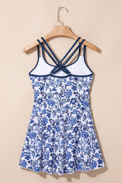 Sky Blue Crossed Back Floral Print Asymmetric Knot Side One Piece Swimsuit