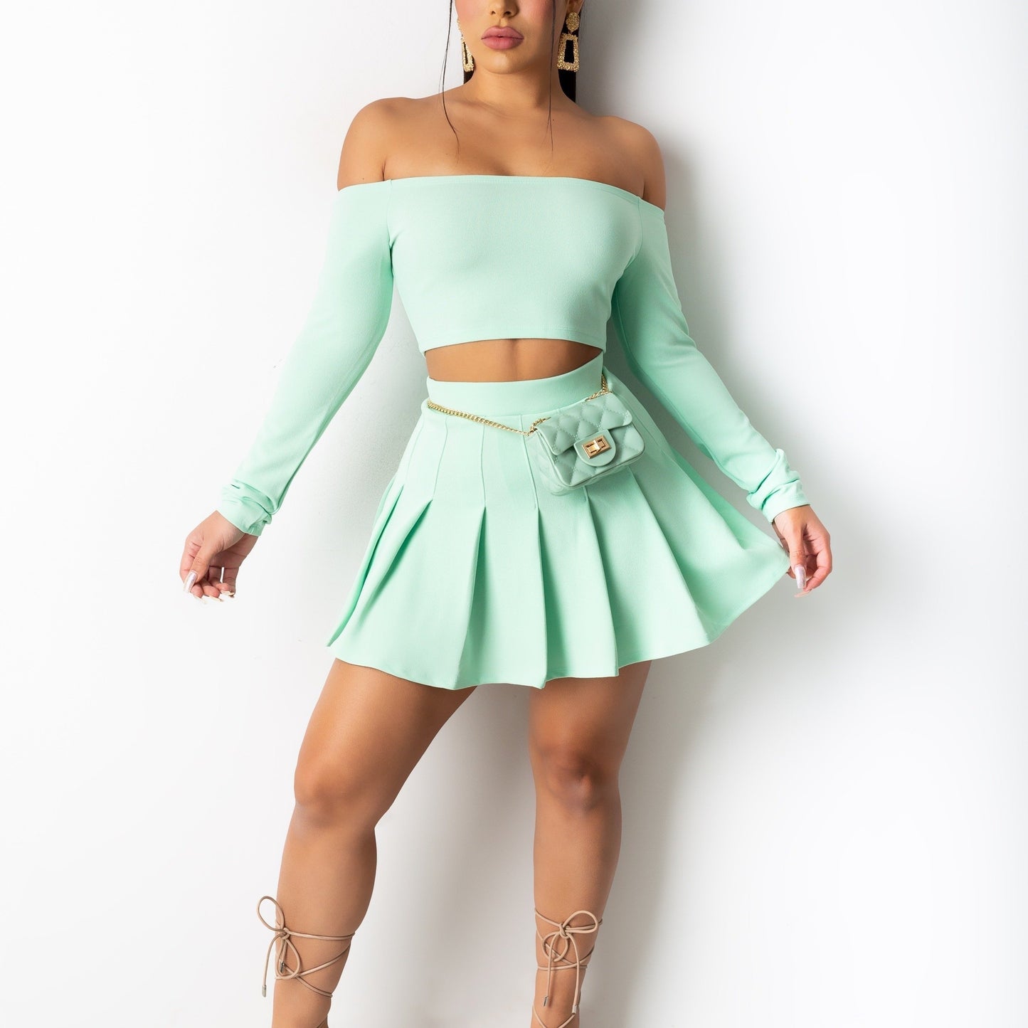 Solid Elegant Two-piece Set, Off Shoulder Long Sleeve Crop Top & Pleated Mini Skirt Outfits, Women's Clothing