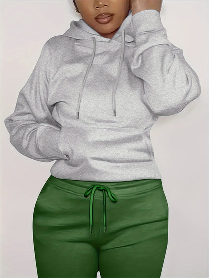 Solid Kangaroo Pocket Hoodie Without Pants, Casual Long Sleeve Drawstring Hoodies Sweatshirt, Women's Clothing