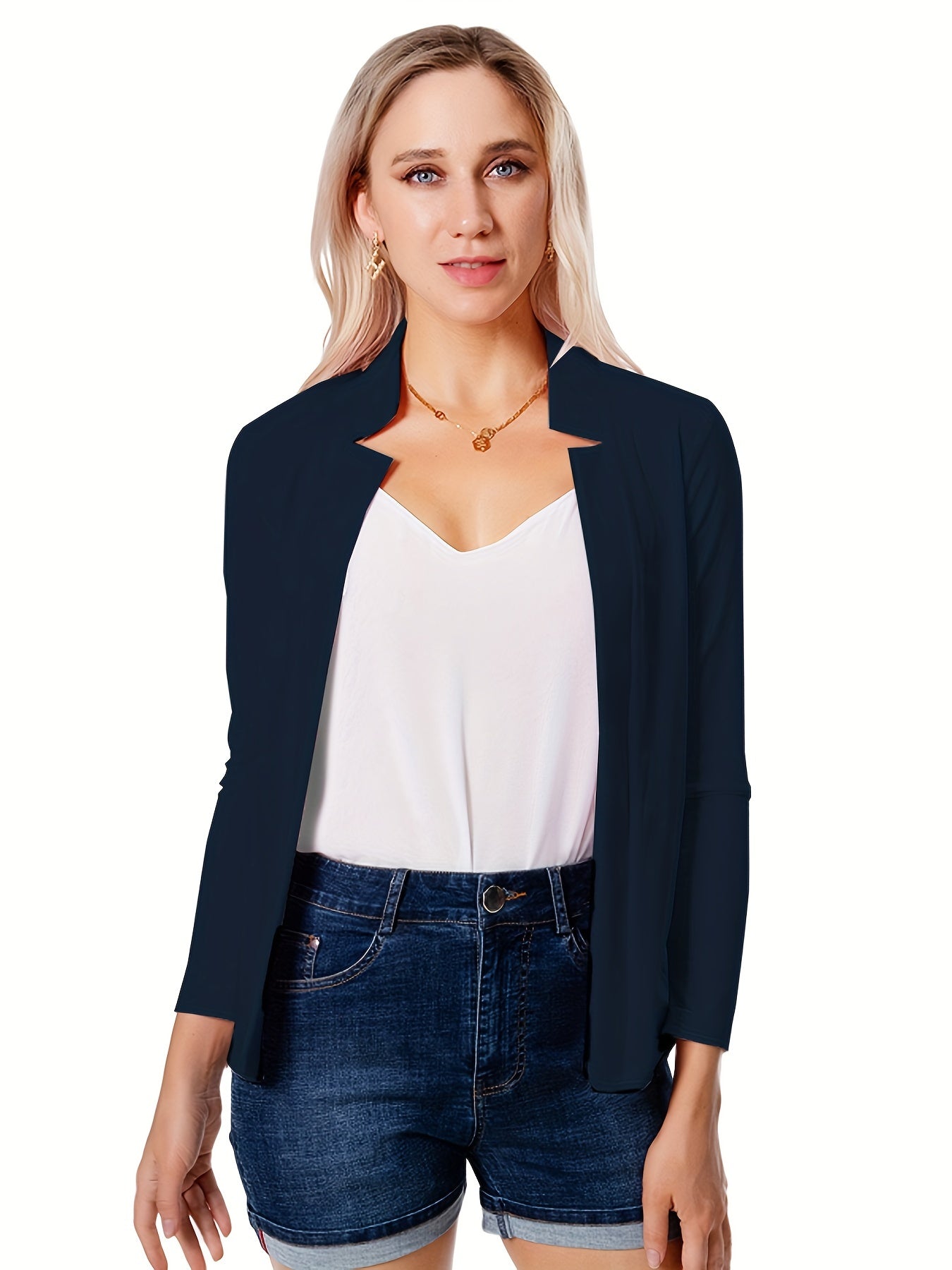 Solid Open Front Blazer, Casual Long Sleeve Blazer For Office & Work, Women's Clothing