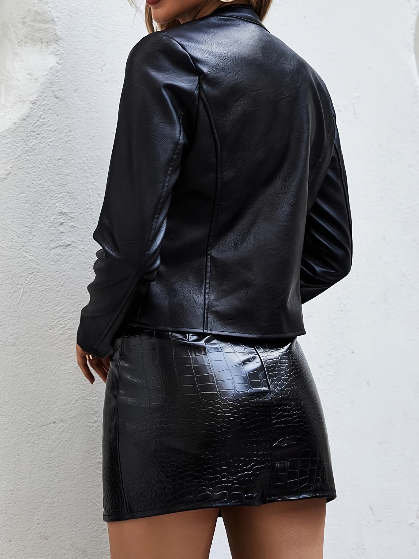 Stylish Faux Leather Long Sleeve Slim Fit Biker Jacket - Zip-Up, Elegant, Water-Resistant, and Windproof - Women's Clothing for All Seasons