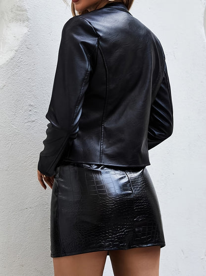 Stylish Faux Leather Long Sleeve Slim Fit Biker Jacket - Zip-Up, Elegant, Water-Resistant, and Windproof - Women's Clothing for All Seasons