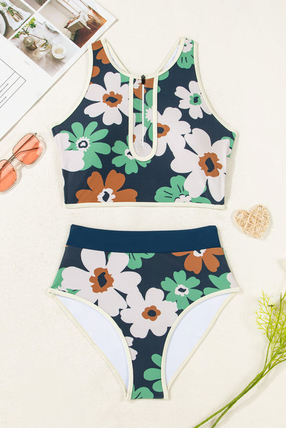 Blue Flower Zip up Racerback High Waisted Bikini