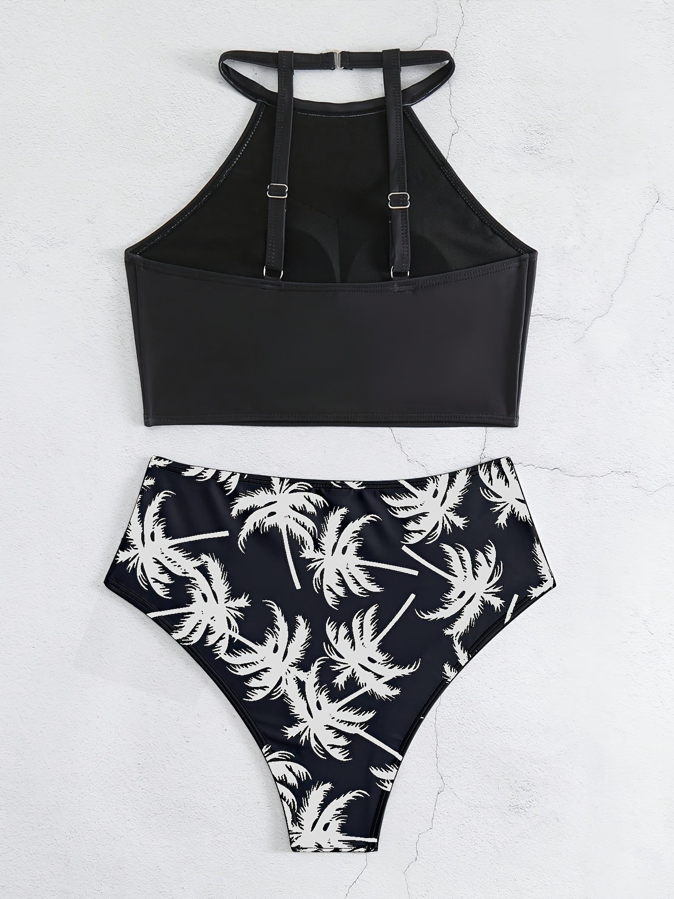 Chic Coconut Tree Print Bikini Set for Women - High Stretch, Comfort Fit Swimwear with High-Waist Bottoms