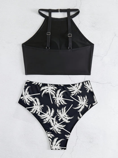 Chic Coconut Tree Print Bikini Set for Women - High Stretch, Comfort Fit Swimwear with High-Waist Bottoms