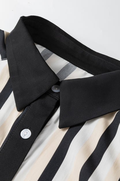 Black Stripe 3/4 Puff Sleeve Shirt Style Button Down Midi Dress