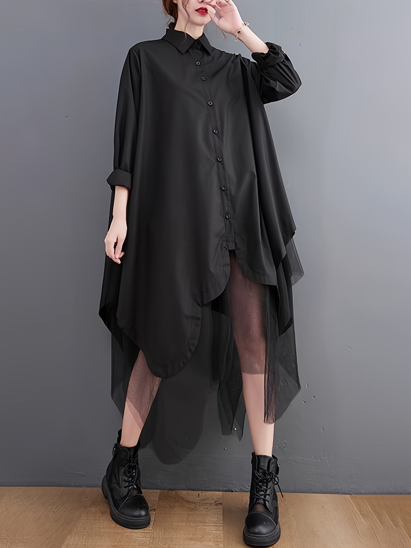 Asymmetric Hem Button Front Shirt, Stylish Long Sleeve Contrast Mesh Loose Blouse For Spring & Fall, Women's Clothing