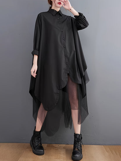 Asymmetric Hem Button Front Shirt, Stylish Long Sleeve Contrast Mesh Loose Blouse For Spring & Fall, Women's Clothing