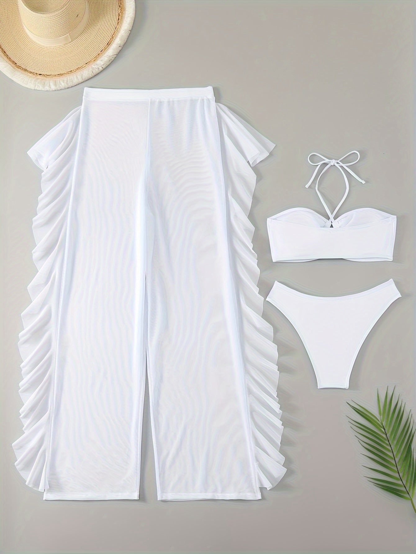 3-Piece Solid Color Halter Bikini Set - Flattering Low-Rise Bottom with Chic Ruffle Trim, Stylish Halter Neck Top & Sheer Beach Cover Up Pants - Elegant, Modern Womens Swimwear for Valentines Day