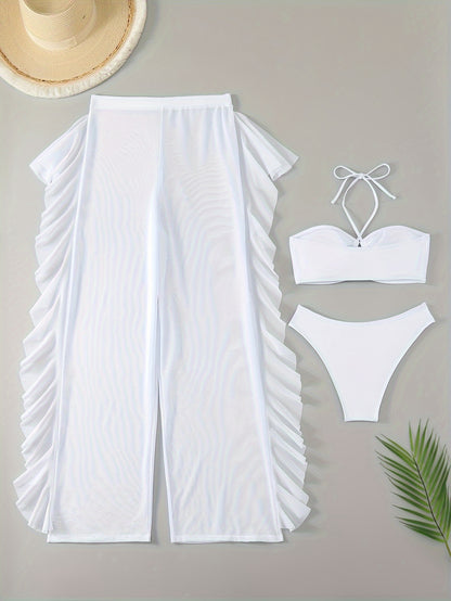 3-Piece Solid Color Halter Bikini Set - Flattering Low-Rise Bottom with Chic Ruffle Trim, Stylish Halter Neck Top & Sheer Beach Cover Up Pants - Elegant, Modern Womens Swimwear for Valentines Day