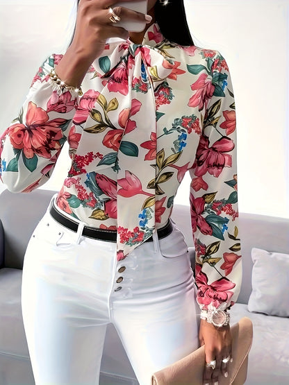 Charming Floral Print Tie Neck Blouse - Fashionable Long Sleeve for Spring & Fall - All-Season Elegance - Womens Wardrobe Staple