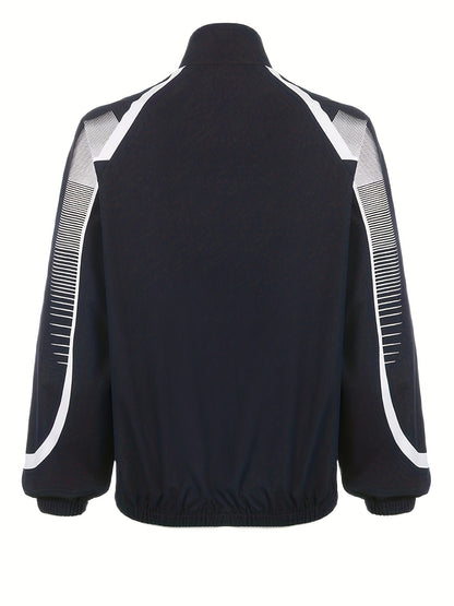 Retro Streetwear-Inspired Women's Casual Jacket - Loose Fit, High Neck Zip-Up With Vintage Print Design For Fall/Winter